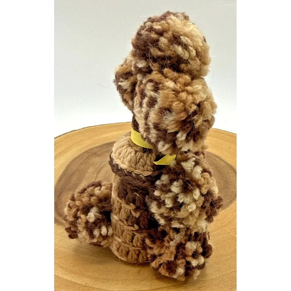 Vintage Poodle Dog Crochet Handmade Brown/Tan Yarn Retro Decor 6.5”